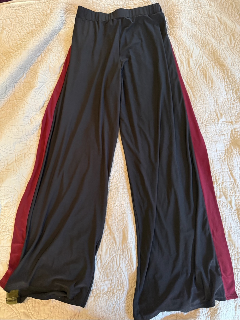 Wide-Leg open side Black Pants with Olive and Burgundy Side Stripes- Windsor - Picture 5 of 6